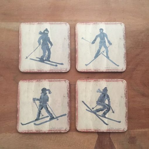 4 onderzetters met skiers - skicadeau van sportcadeautjes